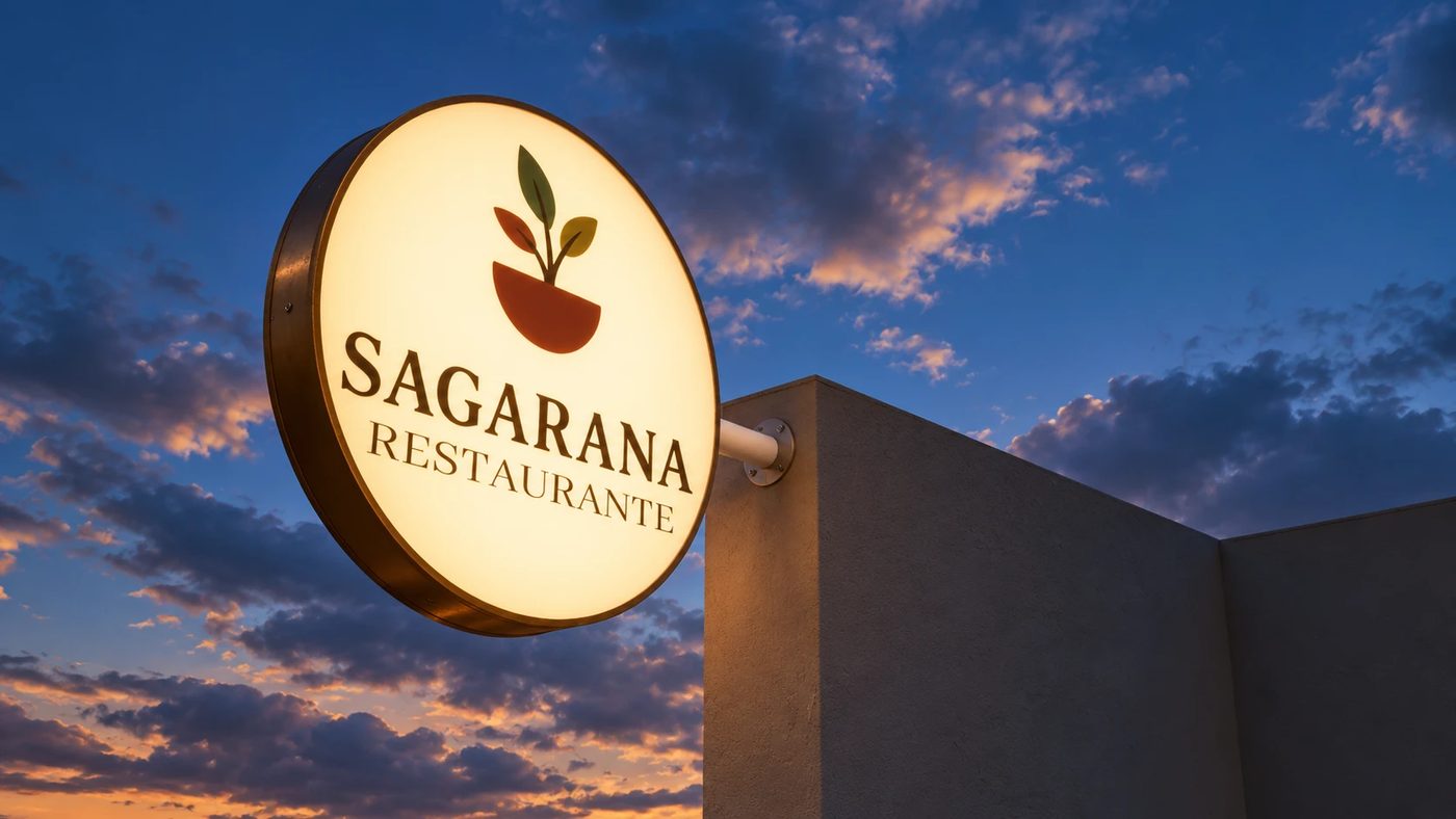 Placa luminosa do Sagarana Restaurante ao entardecer